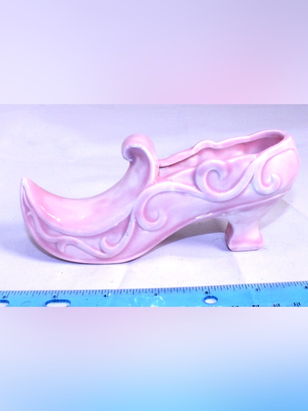 Vintage Pink Ceramic Shoe Planter / Ornate Victorian Style Slipper Figurine
